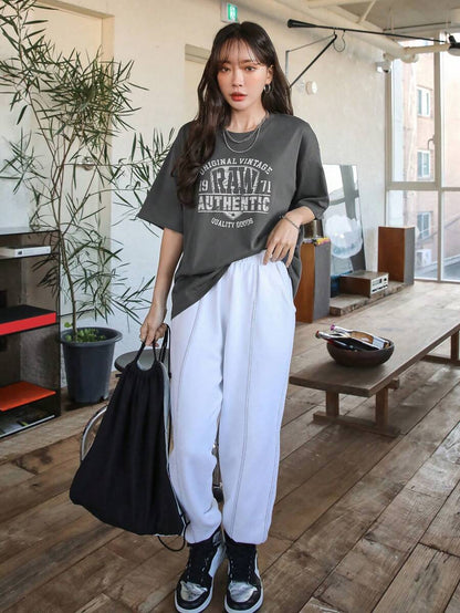 DAZY Letter Graphic Drop Shoulder Tee Summer Oversized T-Shirt