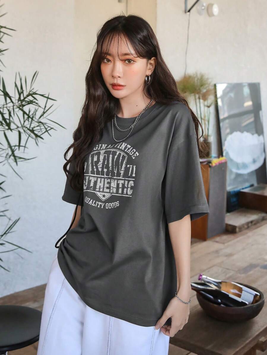 DAZY Letter Graphic Drop Shoulder Tee Summer Oversized T-Shirt