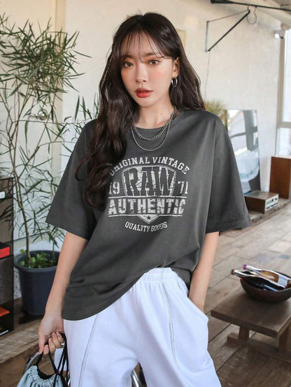 DAZY Letter Graphic Drop Shoulder Tee Summer Oversized T-Shirt