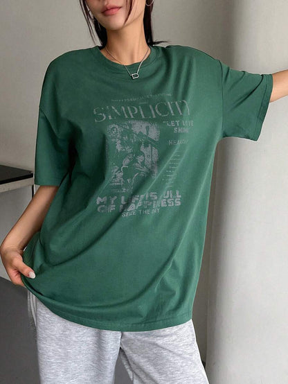 DAZY Women's Summer Loose Fit Slogan Print T-Shirt With Round Neckline And Dropped Shoulders Graphic Tee Oversized T-Shirt
