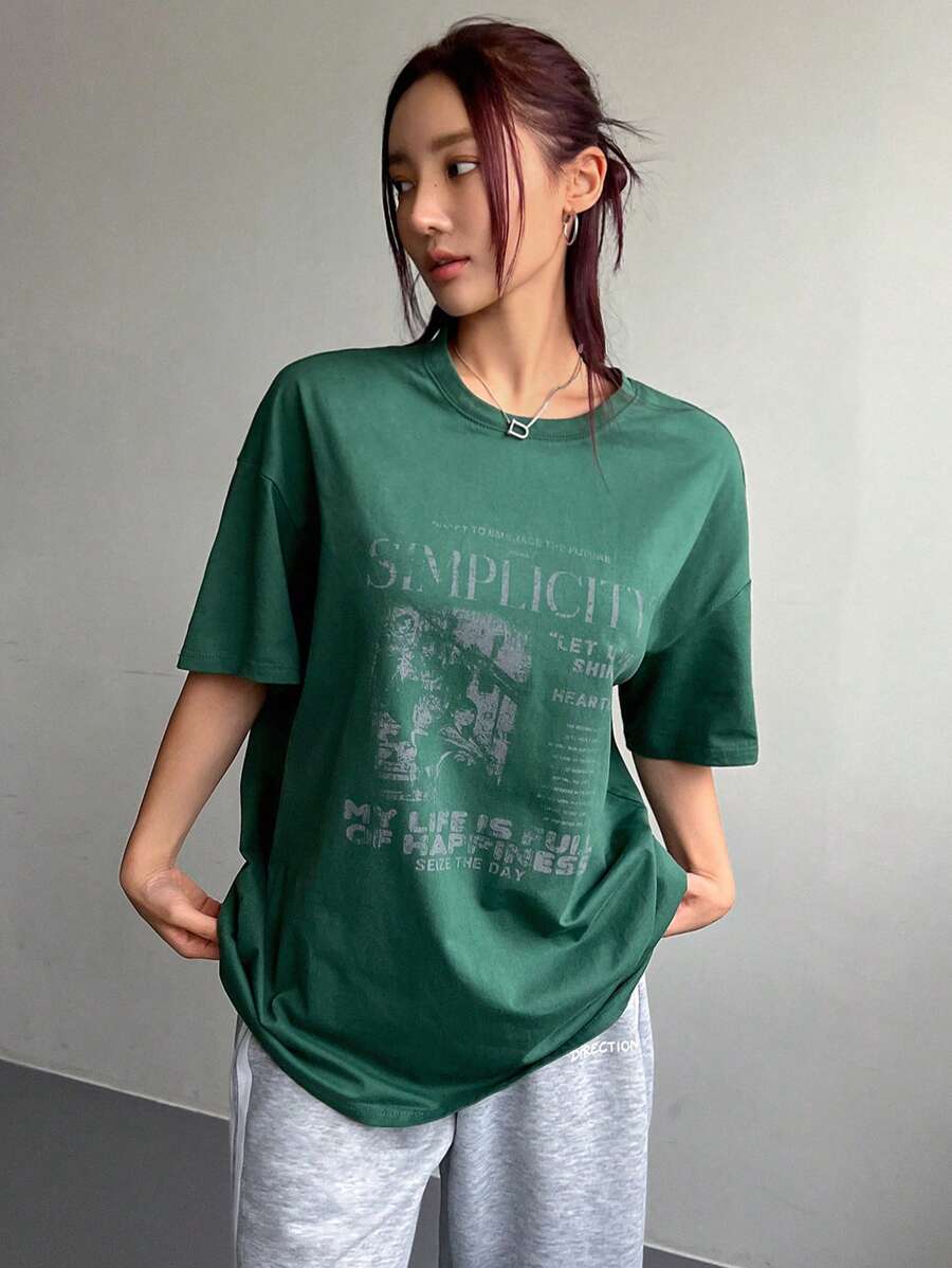 DAZY Women's Summer Loose Fit Slogan Print T-Shirt With Round Neckline And Dropped Shoulders Graphic Tee Oversized T-Shirt