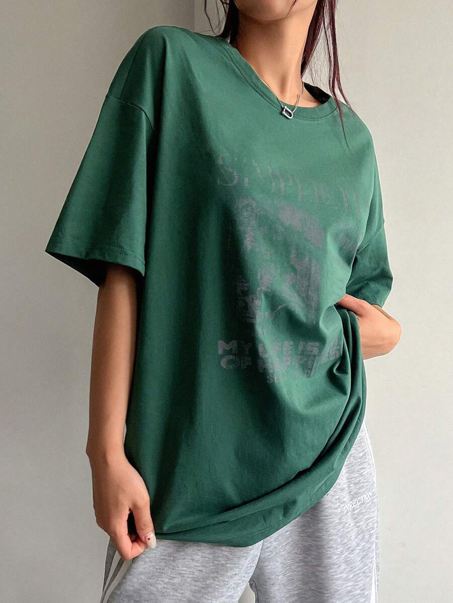 DAZY Women's Summer Loose Fit Slogan Print T-Shirt With Round Neckline And Dropped Shoulders Graphic Tee Oversized T-Shirt