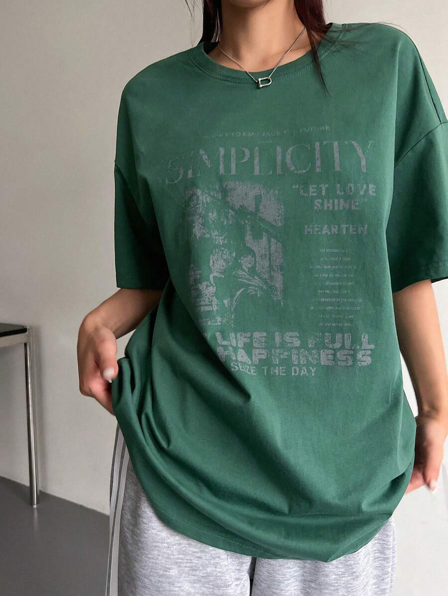 DAZY Women's Summer Loose Fit Slogan Print T-Shirt With Round Neckline And Dropped Shoulders Graphic Tee Oversized T-Shirt