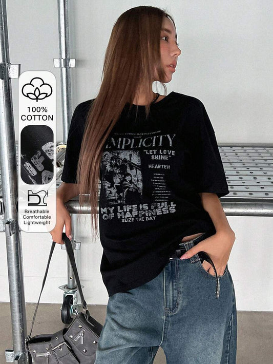DAZY Women's Summer Loose Fit Slogan Print T-Shirt With Round Neckline And Dropped Shoulders Graphic Tee Oversized T-Shirt