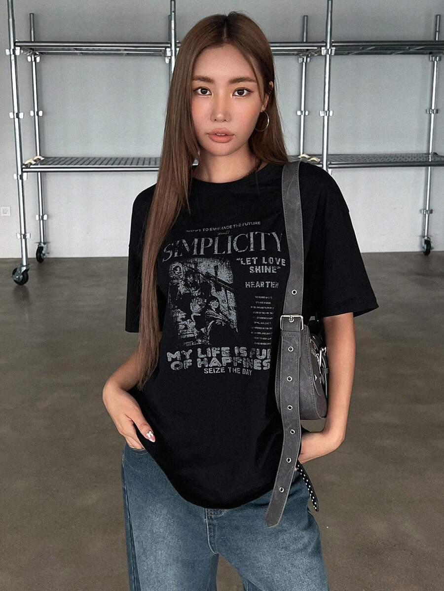 DAZY Women's Summer Loose Fit Slogan Print T-Shirt With Round Neckline And Dropped Shoulders Graphic Tee Oversized T-Shirt