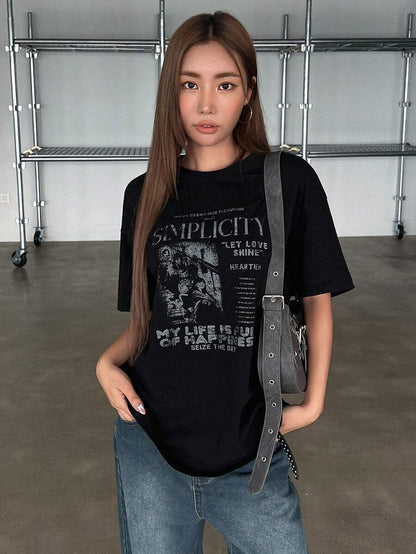 DAZY Women's Summer Loose Fit Slogan Print T-Shirt With Round Neckline And Dropped Shoulders Graphic Tee Oversized T-Shirt