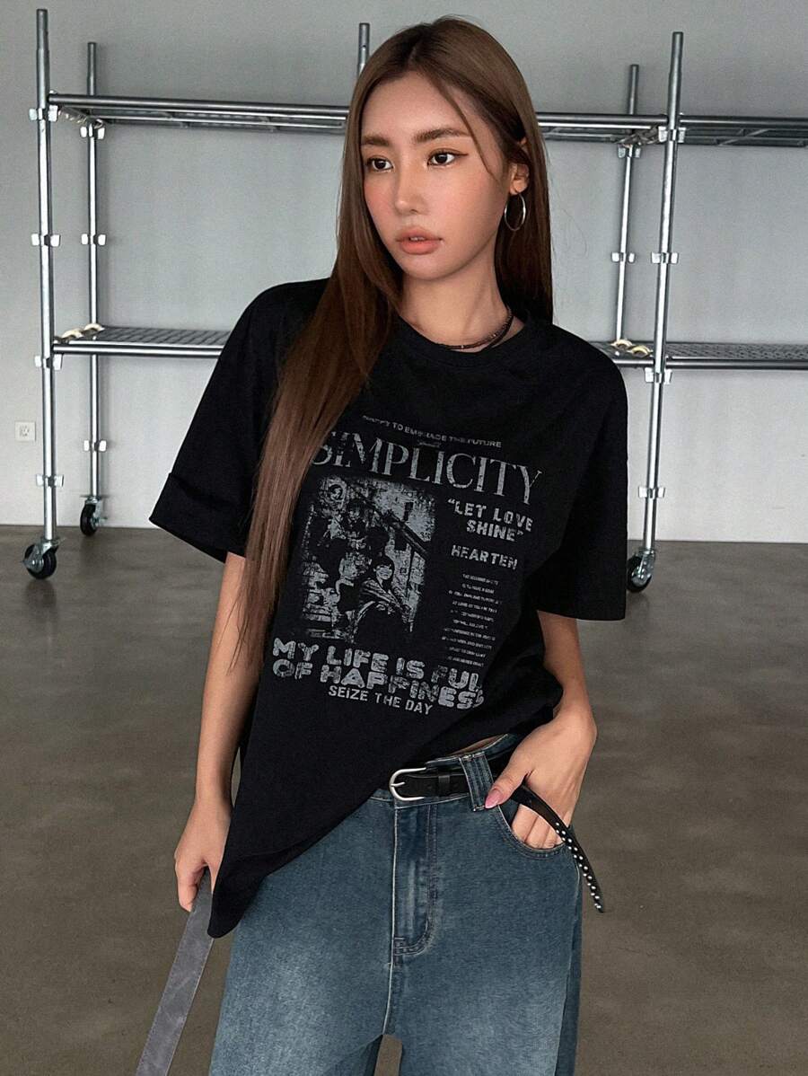 DAZY Women's Summer Loose Fit Slogan Print T-Shirt With Round Neckline And Dropped Shoulders Graphic Tee Oversized T-Shirt