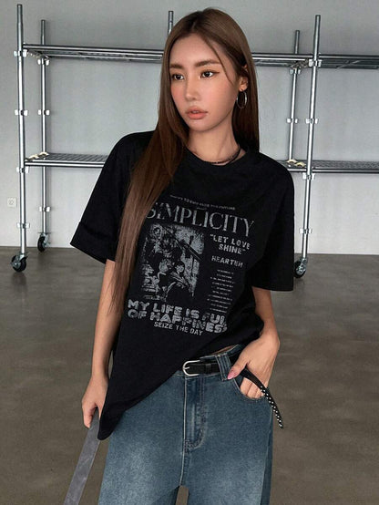 DAZY Women's Summer Loose Fit Slogan Print T-Shirt With Round Neckline And Dropped Shoulders Graphic Tee Oversized T-Shirt