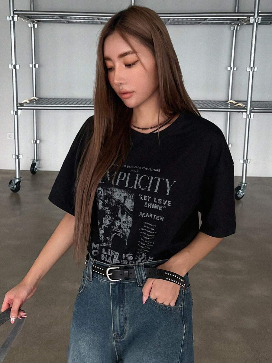 DAZY Women's Summer Loose Fit Slogan Print T-Shirt With Round Neckline And Dropped Shoulders Graphic Tee Oversized T-Shirt