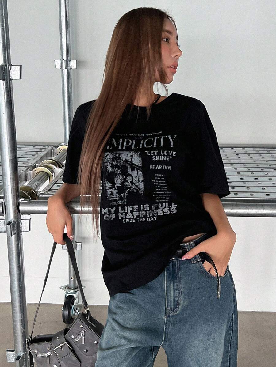 DAZY Women's Summer Loose Fit Slogan Print T-Shirt With Round Neckline And Dropped Shoulders Graphic Tee Oversized T-Shirt