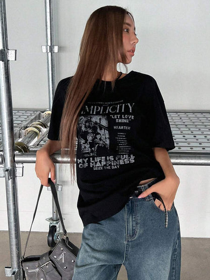 DAZY Women's Summer Loose Fit Slogan Print T-Shirt With Round Neckline And Dropped Shoulders Graphic Tee Oversized T-Shirt