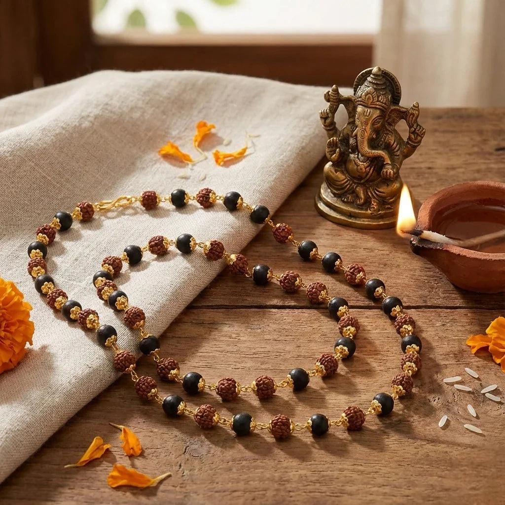 Karungali Rudraksha Malai Gold Silver Cap Plated Necklace