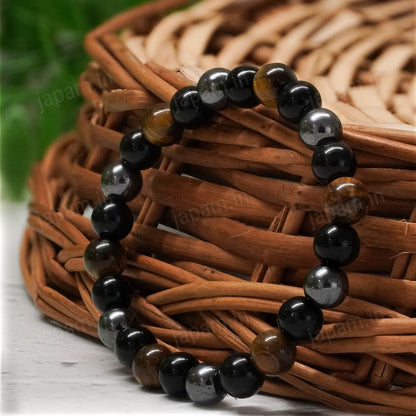 Triple Protection Band with Tiger Eye, Black Obsidian & Hematite Beads