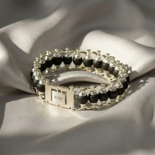 Karungali Modern Bracelet Silver Plated - Natural Ebony Wood