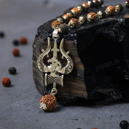 Silver Plated Rudraksha & Karungali Mala with Trishul Pendant