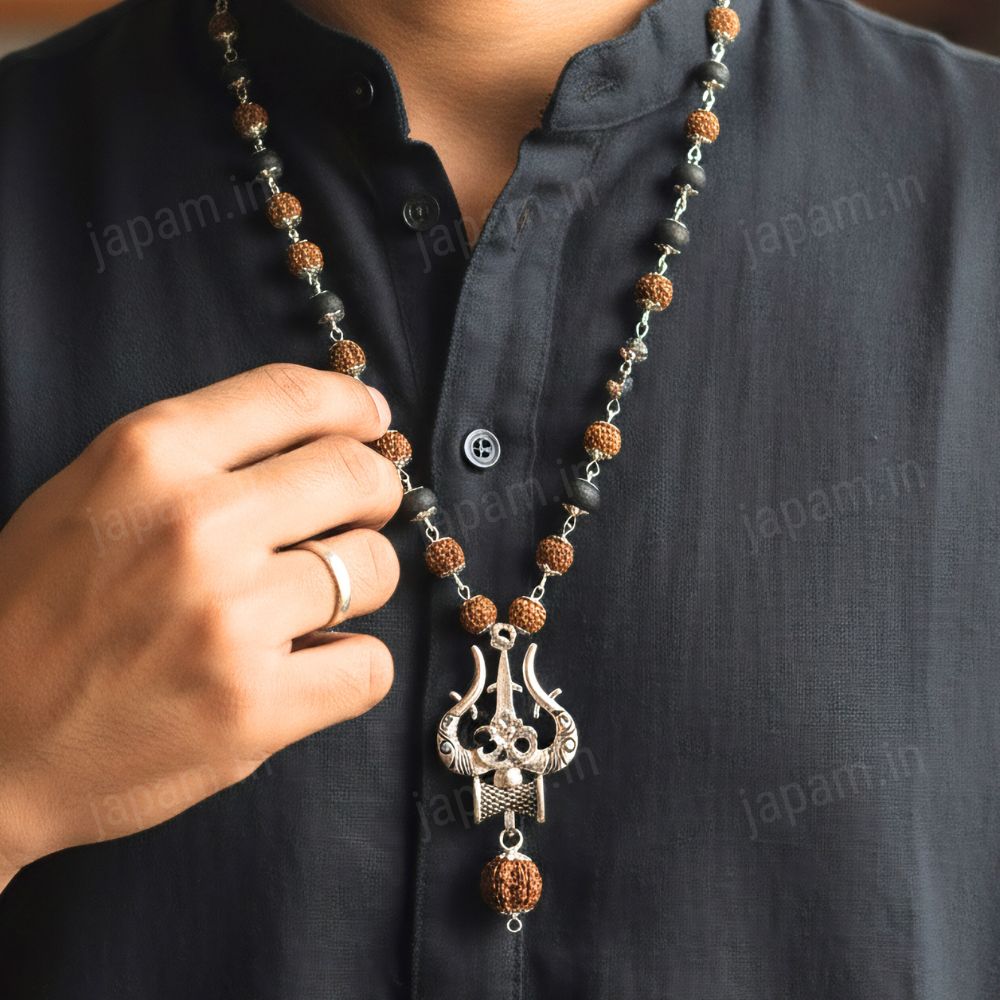 Silver Plated Rudraksha & Karungali Mala with Trishul Pendant