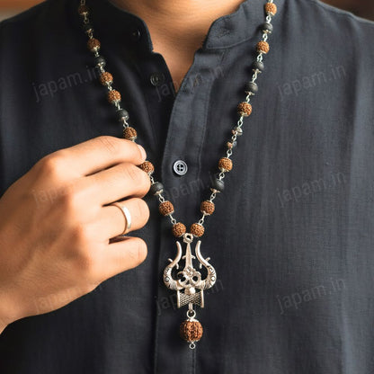 Silver Plated Rudraksha & Karungali Mala with Trishul Pendant